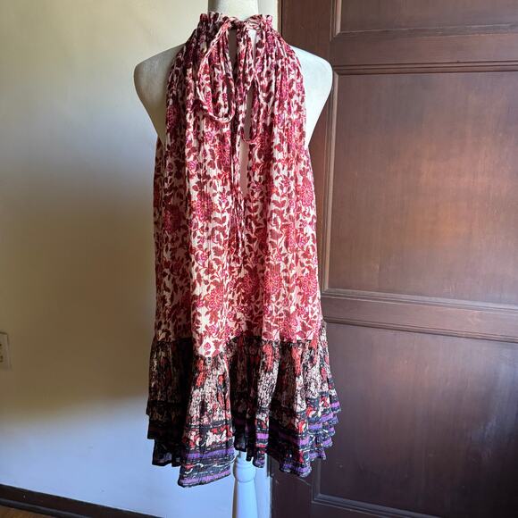 FREE PEOPLE | LYLA Red Floral Gauze High Neck Ruffle Hem Mini Dress | Medium - Picture 4 of 6